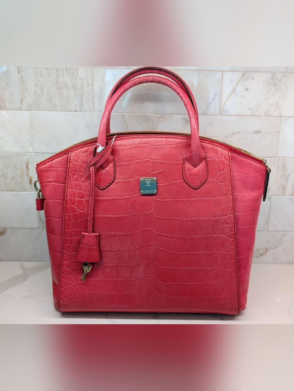 MCM Pink Croc-Embossed Leather Top Handle Bag